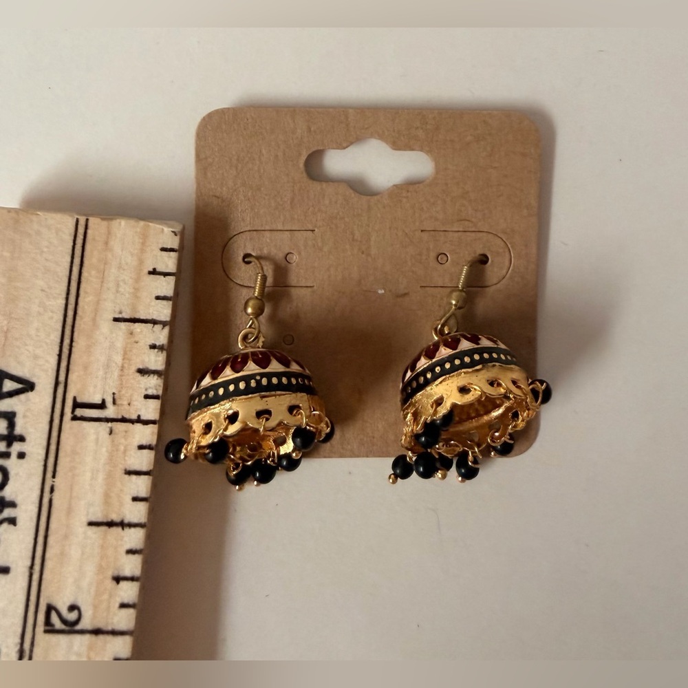 Artisan-Made Gold, Black & Red Jhumka Earrings with Tiny Pearl Accents - Picture 4 of 4